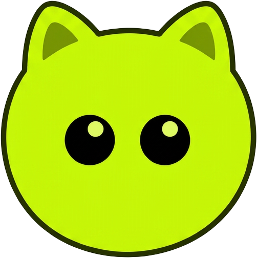 Adorable neon-green RENAMECAT with big curious eyes